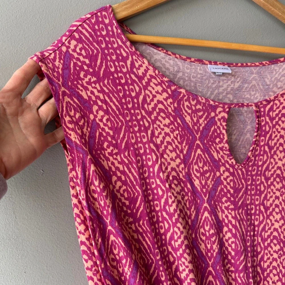 LASCANA Pink Orange Ikat Print Beach Cover Up‎ Dress Tunic Keyhole Tie Waist